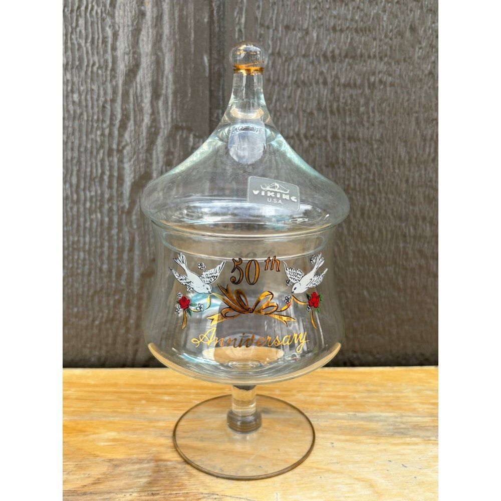 Vintage Viking Glass 50th Anniversary Candy Dish Lid & Gold Dove Apothecary Jar